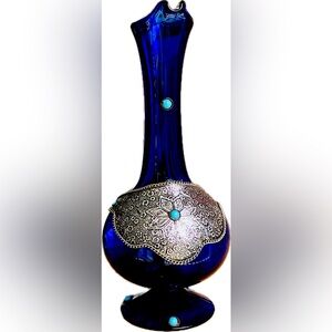 Vintage Elegant Blue Glass Decanter with Silver Accents